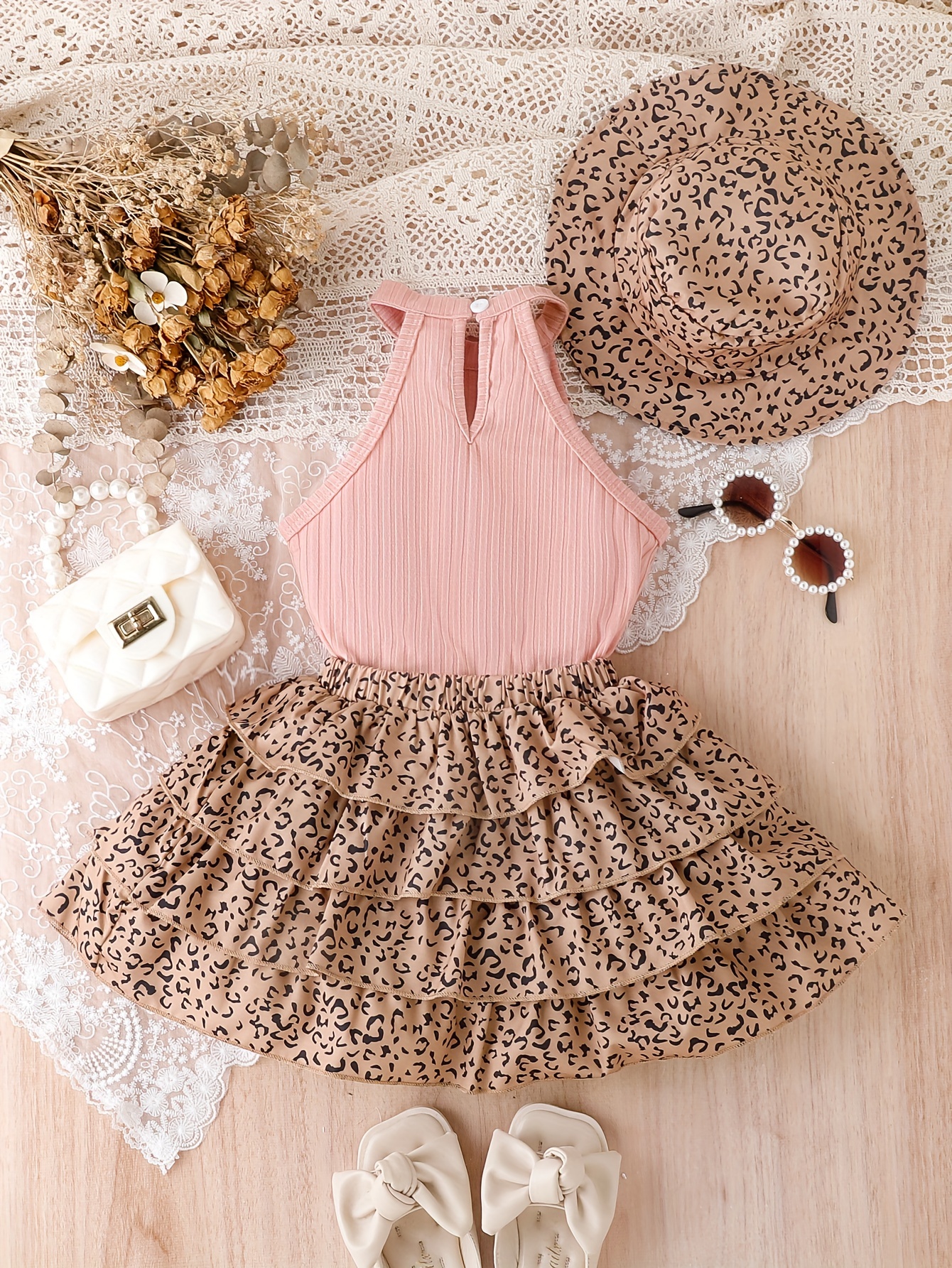 Girls' 3pcs Vintage Leopard Print Outfit Set - Sleeveless Cotton Blend Bandeau Top, Tiered Skirt, and Matching Hat - Casual Summer Wear for Kids with Frill Details