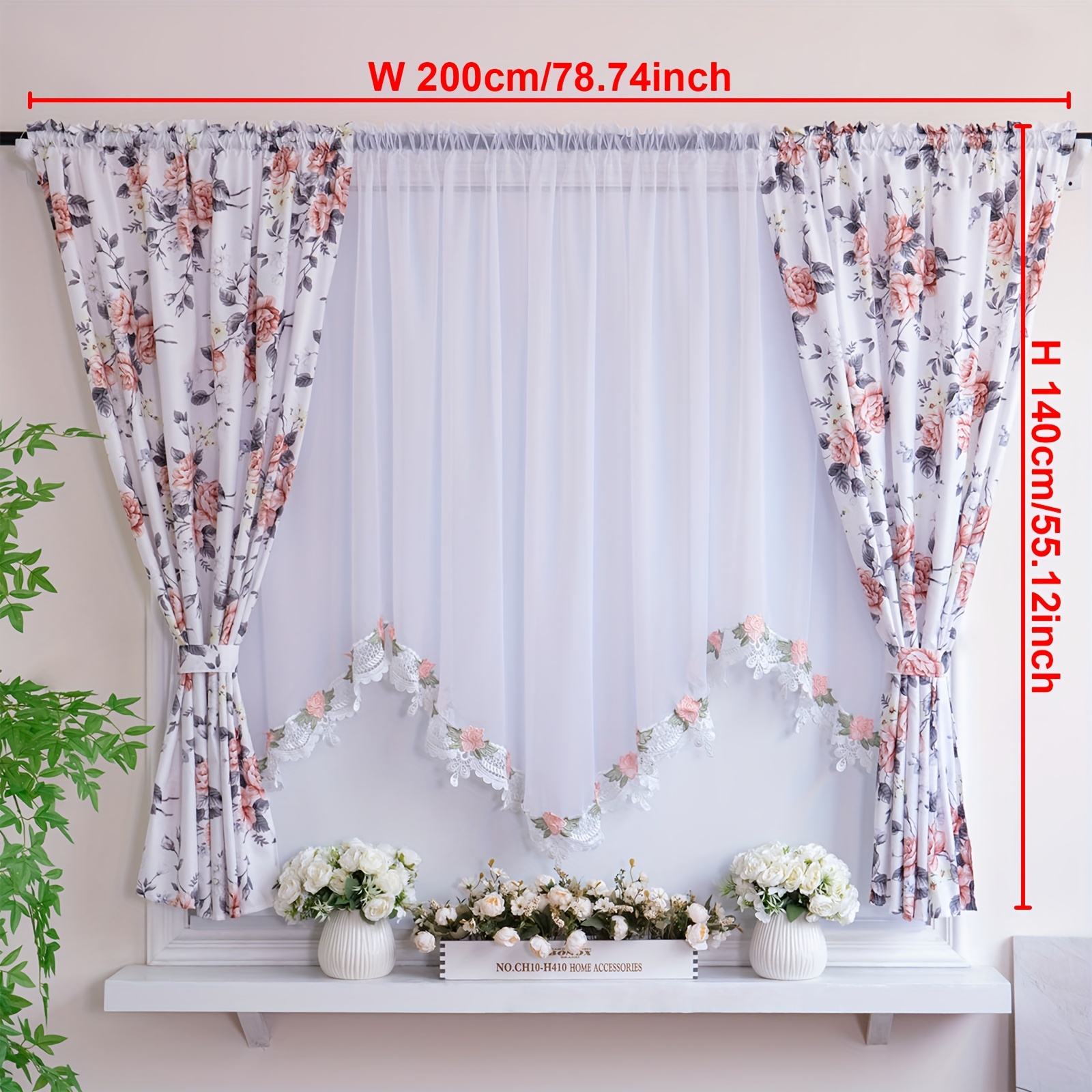 dekoracyjna przeźroczysta zasłona panelowa, 1 szt., 150*120cm do 400*160cm i   rozmiary do wyboru, kwiatowy   z wytłaczanym brzegiem i wiązaniami, kieszeń na drążek, półprzezroczyste firanki do kuchni, jadalni lub salonu
