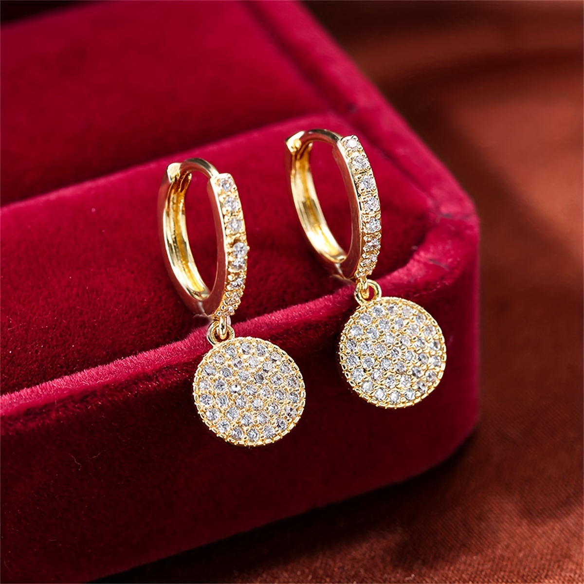 TEMU Elegant Drilled Synthetic Cubic Zirconia Disc Hoop Earrings For Women, Fashionable Jewelry For Party And Vacation, Copper Ear Needle, Suitable