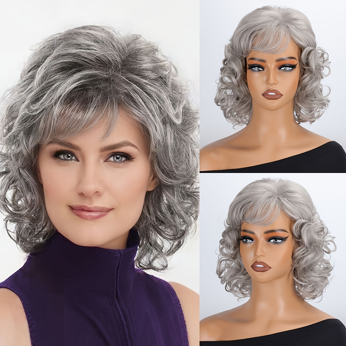 

1pc Women's Grey Curly Wave Synthetic Wig With Bangs, 12-inch Fiber, Cap, 150% Density, Fashionable For Daily, Party, Halloween, Costume, - Basics Style