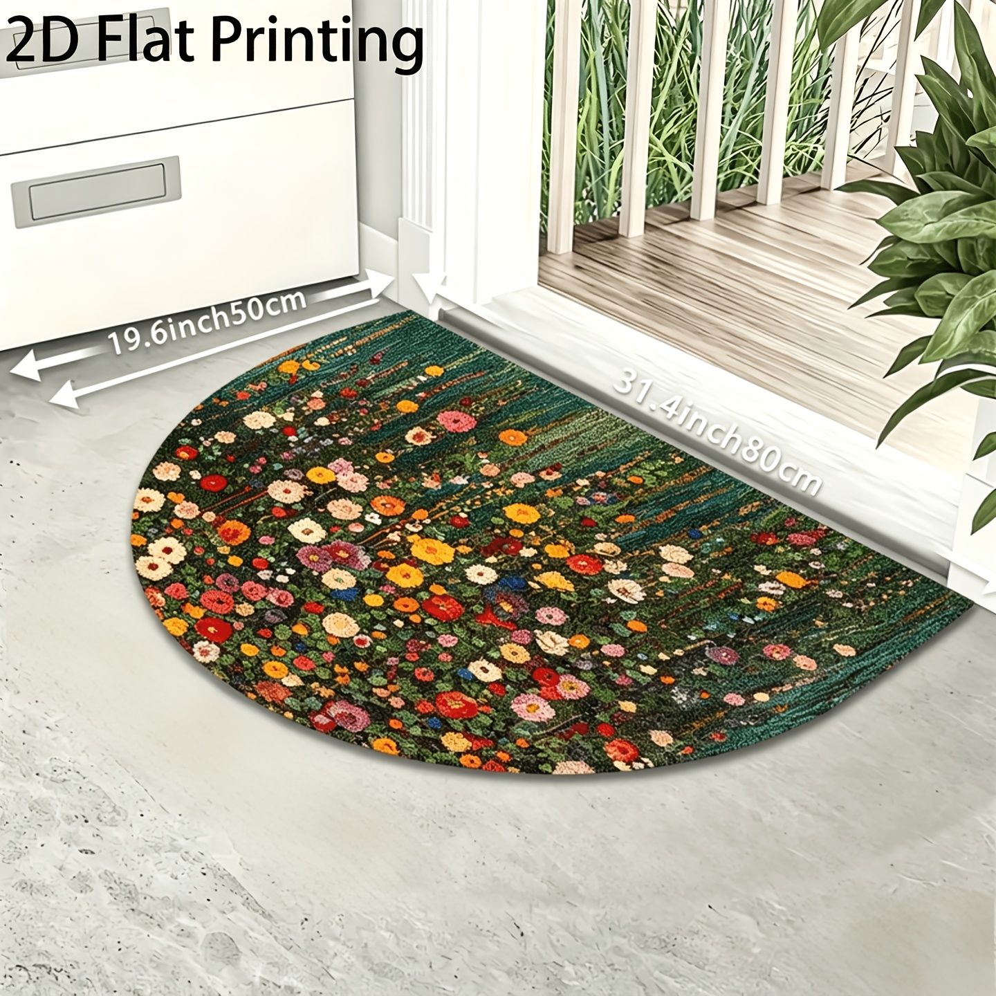 TEMU 1pc 2d Flat Semi-circular Mat - Vibrant Multicolor Flowers On Dark Background, Machine Washable Indoor/outdoor Mat, Suitable For Entrance,