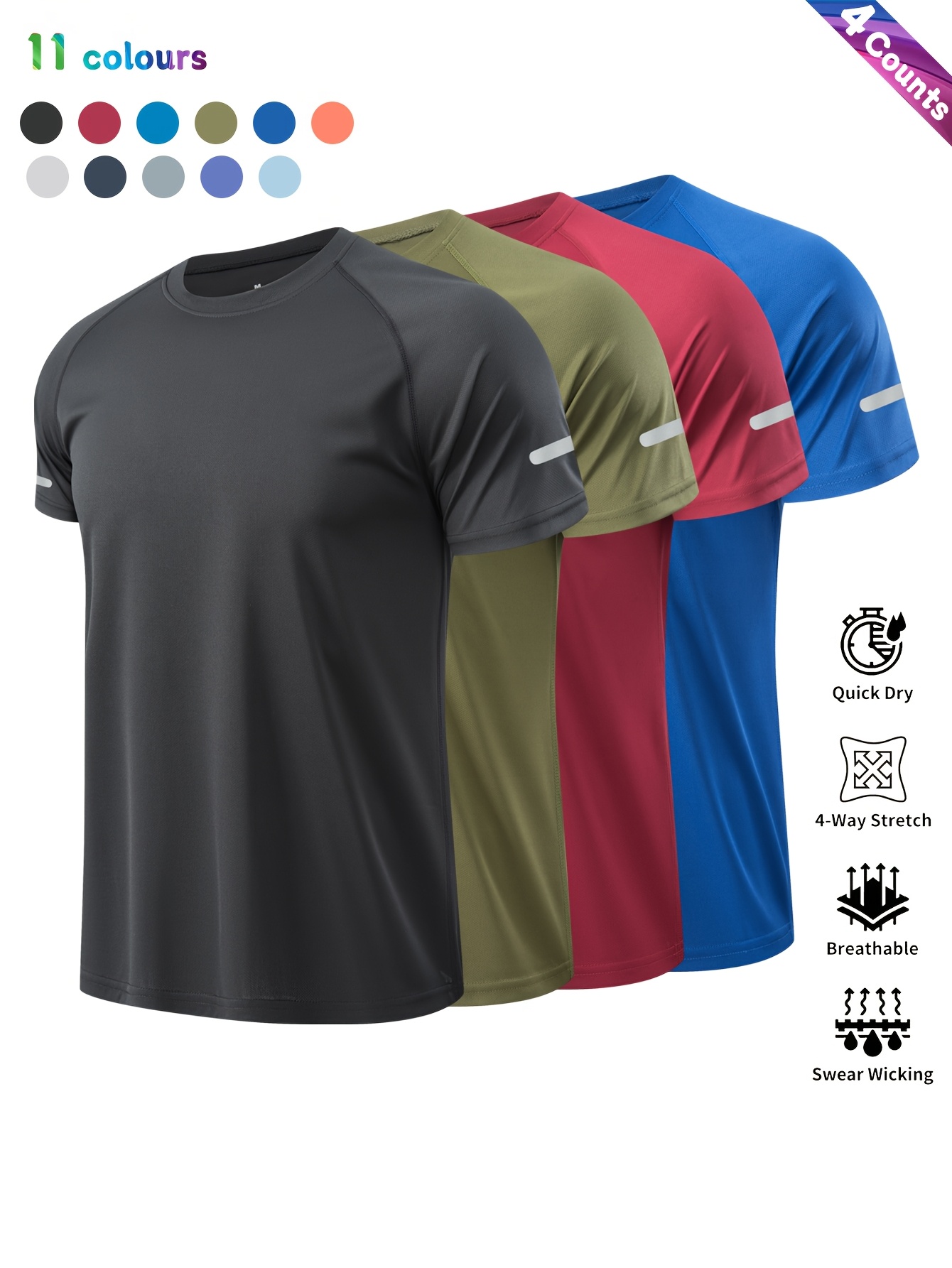 4pcs mens athletic t shirts breathable quick dry polyester knit short sleeve   in olive   blue maroon black   gym running cycling basketball casual round neck design black   dark blue 0