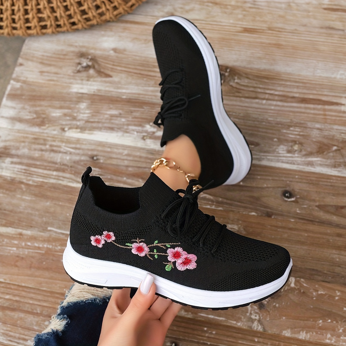 Tenis De Punto Con Bordado Floral Para Mujer, Con Cordones Y Ideales  Para Hacer Ejercicio, Zapatos Transpirables Para Caminar