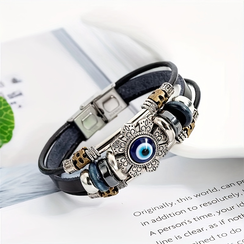 3 piece blue eye eight petal flower leather bracelets with stainless steel clasps unisex stainless steel necklace leather necklace details 3