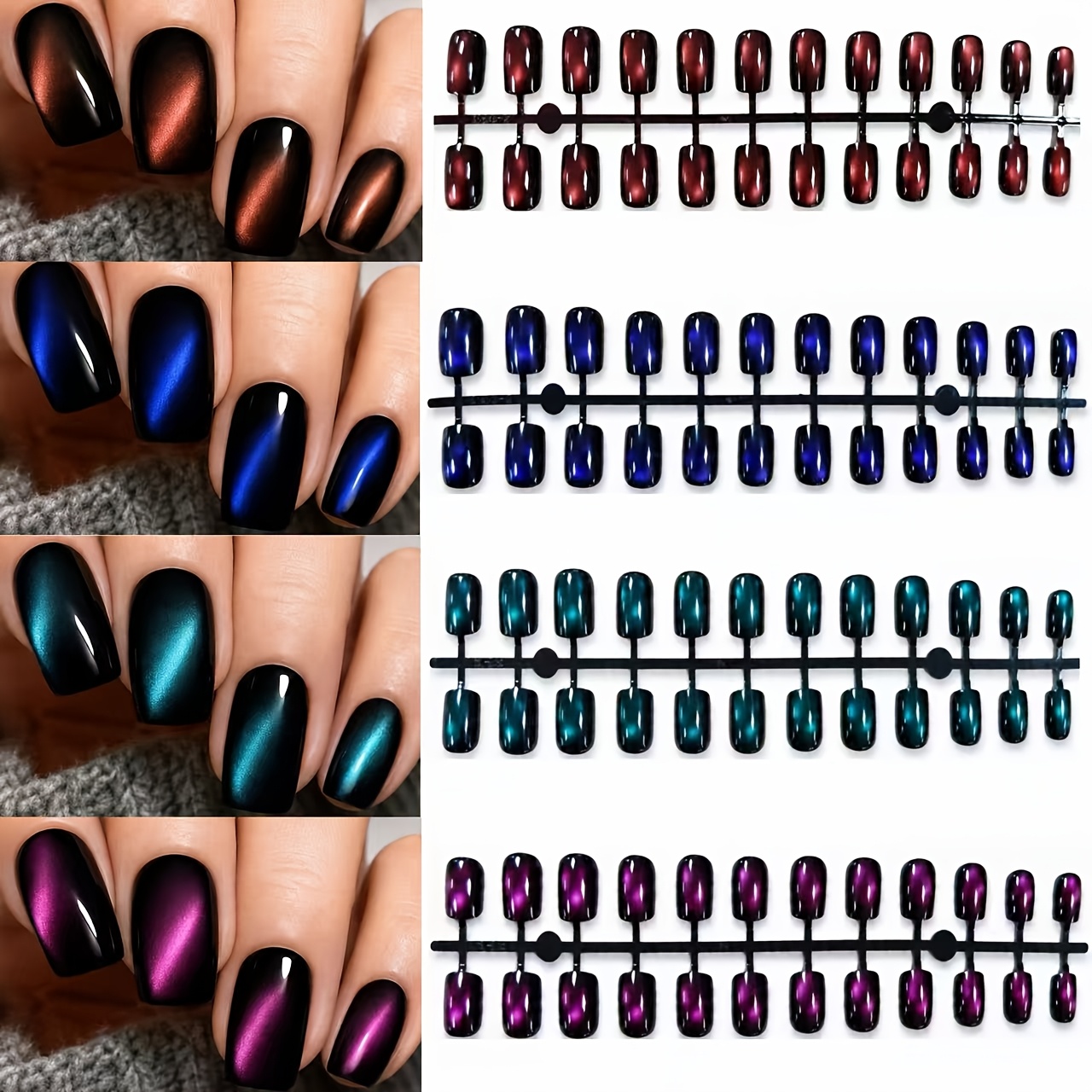 TEMU New High-end Short Square 4-color Light- Flashing Cat Eye Wearable Nail Set, Aurora Blue, Aurora Purple, Aurora Red, Black-base Cat Eye Nails,