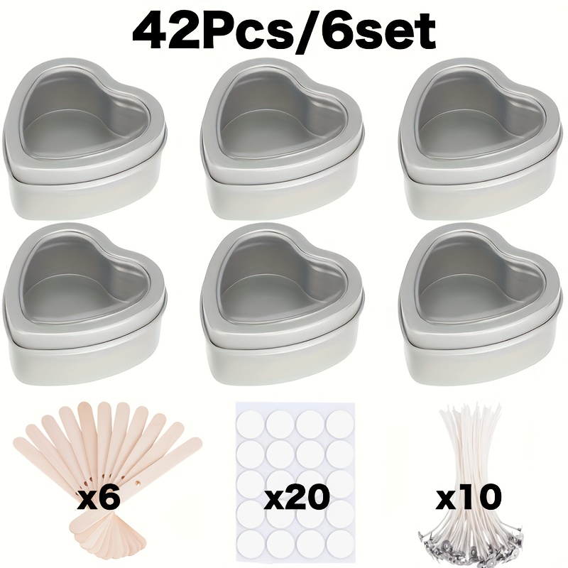 42pcs/6set Heart Shaped Candle Tins - With Clear Window Lids, Tinplate Empty Candy Tins Party Favors Storage Box Container For Gifts , Candle Making, Diy, Crafts