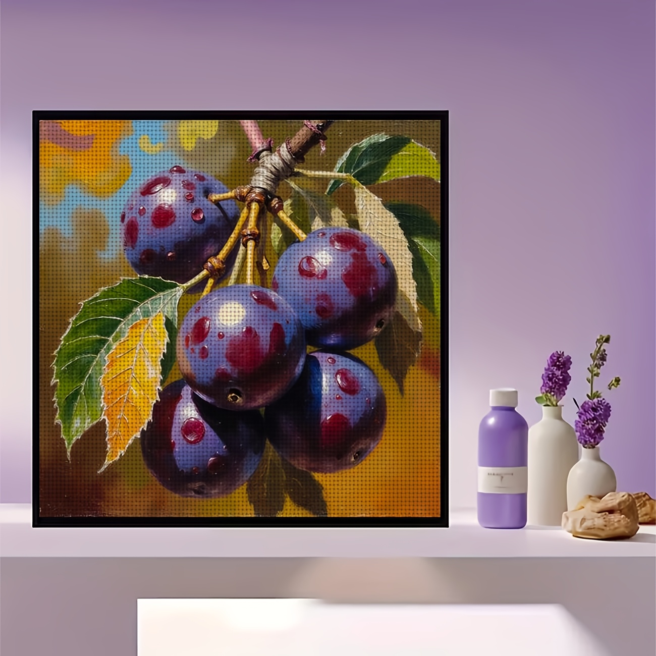 DIY Cross-stitch Printed Kit, Unframed Purple Plum Design