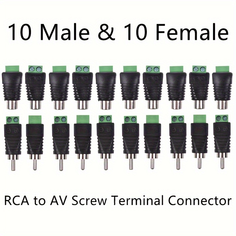 

20pcs Rca To Av Screw Terminal Connectors - Solderless Audio/video Speaker Wire Adapters, 10 Male & 10 Female Plugs, For Cctv Cameras & Microphones