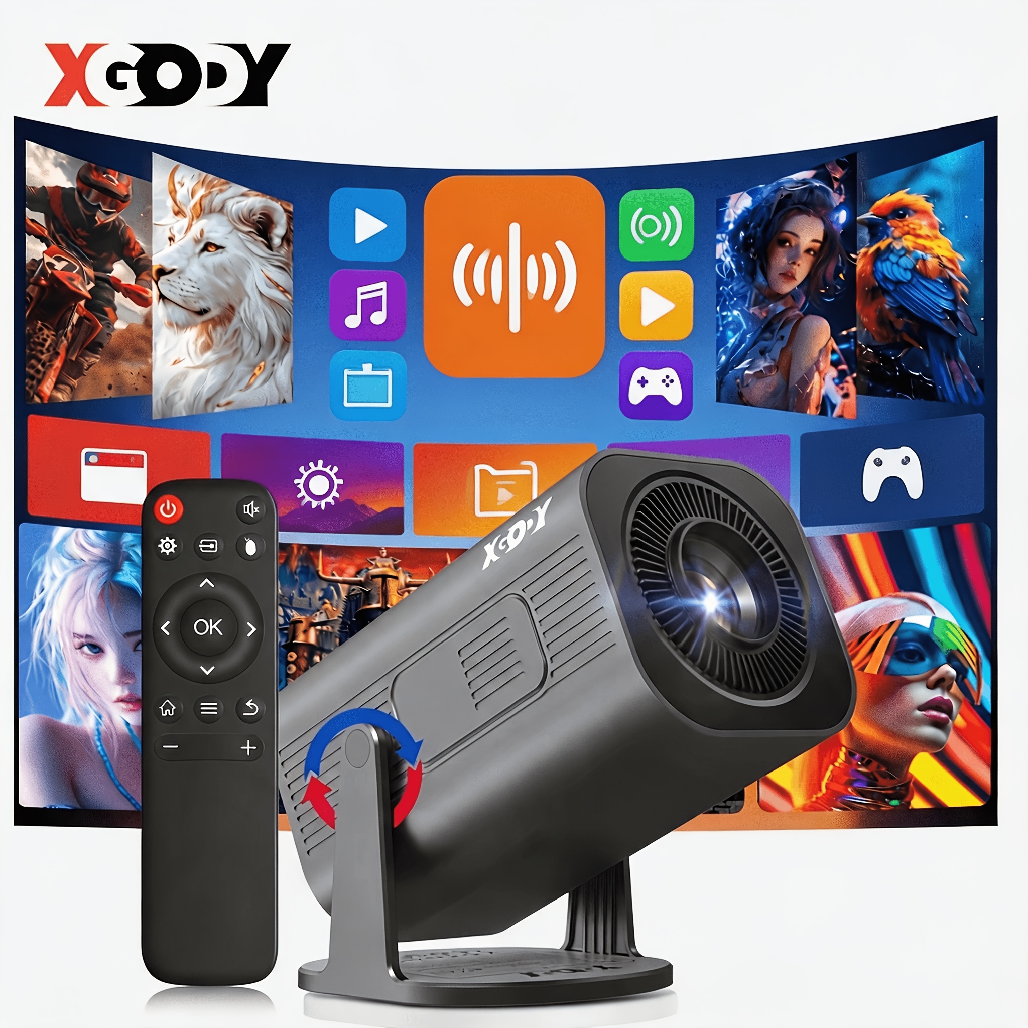 Xgody 2026 Portable Projector, With 14, Dual Wifi6, 340ansi Brightness, Native 1280x720p Hd, 4k Support, , Flexible 180° Projection Angle, Home Theater Mini Projector