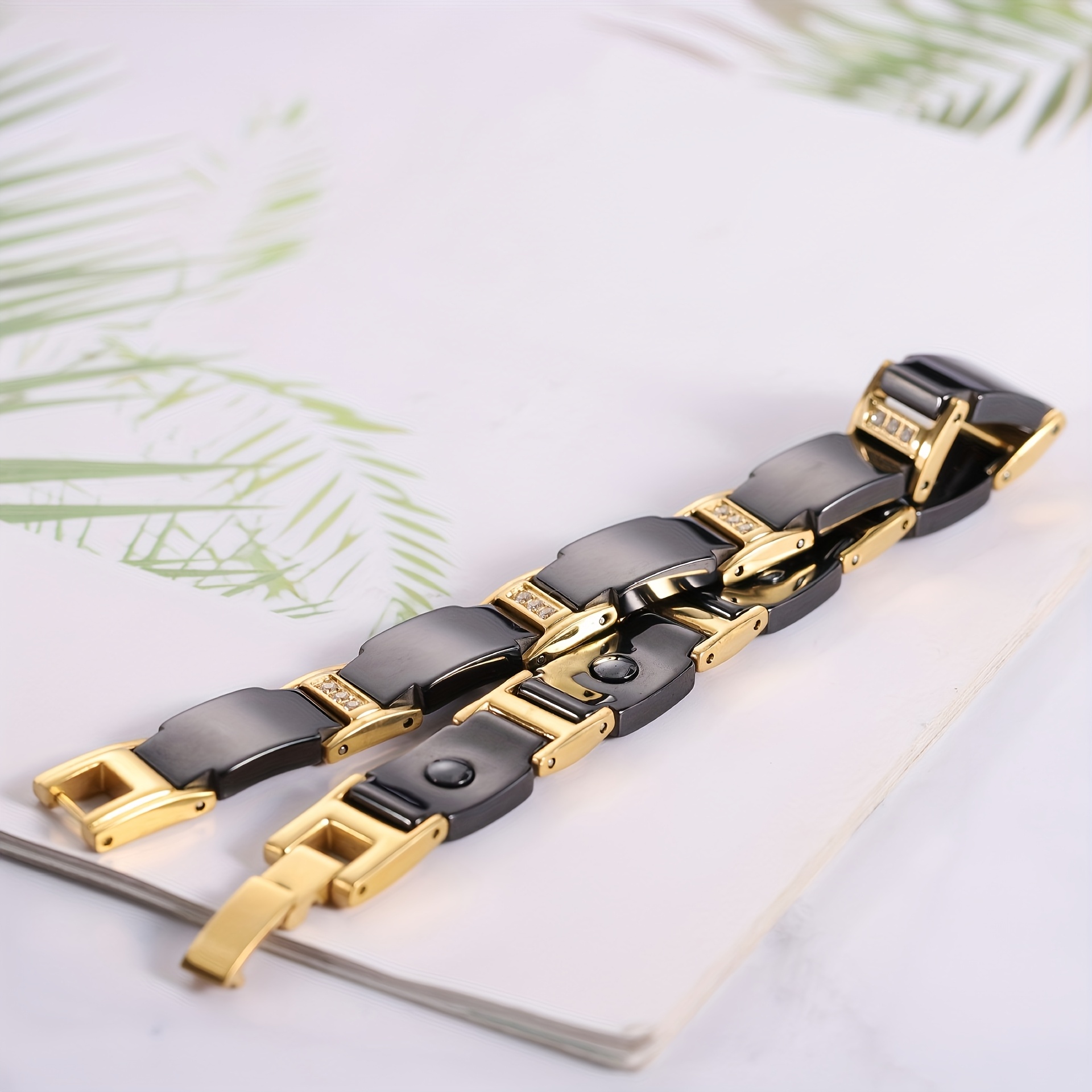 Men's Ceramic Inlaid Magnetite Bracelet, 18K Gold Plated