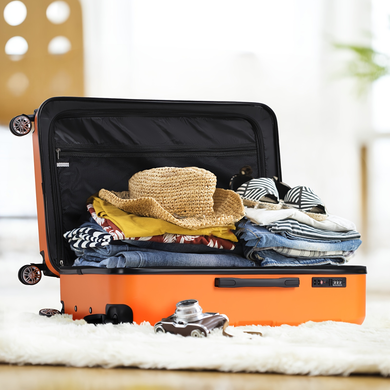 Piece Luggage Set, Carry On Suitcase Sets Hardside Lightweight Spinner  With Trendy Striped Travel Case, Orange