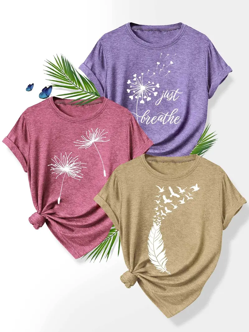 3pcs set floral print t shirts for women dandelion rose and casual summer short sleeve crew neck tees soft polyester blend sizes s xxl casual attire casual summer wear floral print stretchy fabric Product details 11