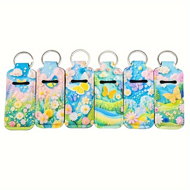 

6pcs Print Keychains With Lip Balm Holder - Lipstick Sleeve Pouch, Travel Accessory Bag, Car Key Decor, Backpack Charm, Chloroprene Rubber, Lipstick Ring, Rectangular Shape