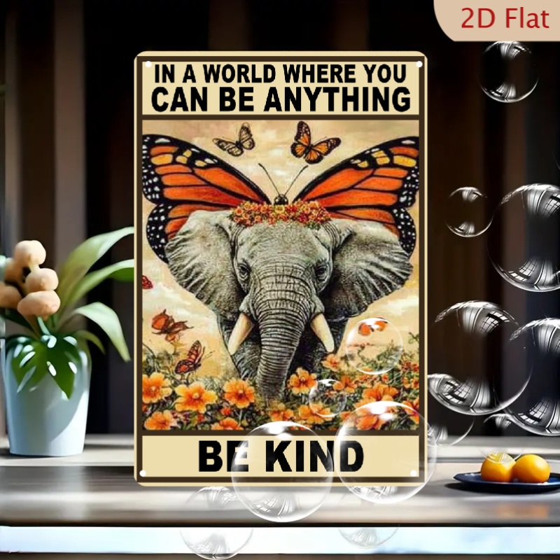 2d Flat, 1pc Large 8"x12" Elephant With Wings Metal Wall Art Sign - Be Kind Inspirational Quote, & Decor, Durable Iron Tinplate For Home,, Cafe, Office - Modern Kindness Gift For &, 2d Flat
