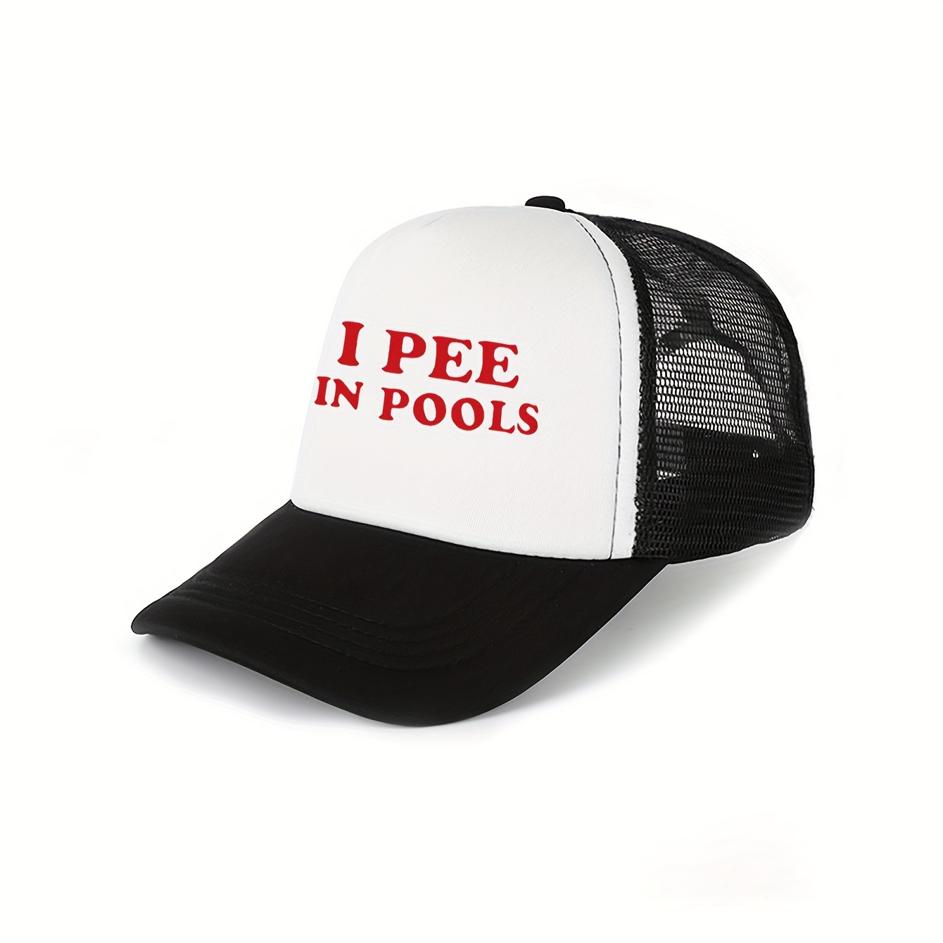 TEMU A Unisex Casual Trucker Hat Featuring The Red Letters "i Pee In Pools" Is Suitable For Outdoor Activities And Everyday Wear, With An Adjustable