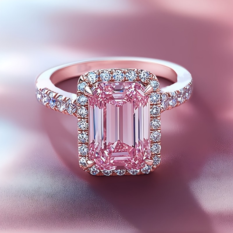 TEMU Elegante Anello di Fidanzamento da e Lussuoso con Zirconia Quadrata Rosa , Anello da Donna dell'Amore , Regalo di Anniversario per Festivit�