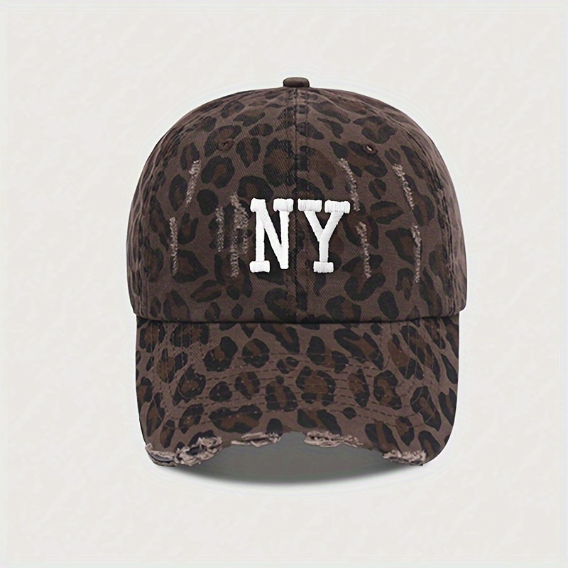 Embroidered Ny Distressed Leopard Print Baseball Cap Breathable Adjustable Golf Summer Fashion Curved Brim