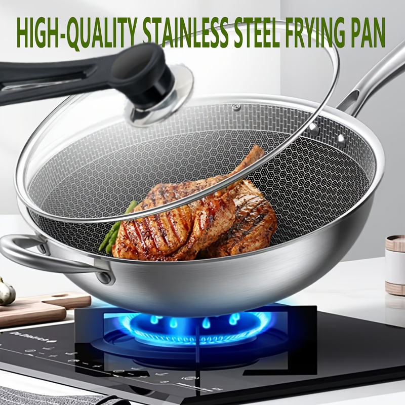 

1pc Honeycomb Stainless Steel Wok Pan With Glass Lid - , Easy-clean, Induction & Gas Compatible - Hand Wash Only - Includes Lid - Ideal For Frying, Steaming, Fish, Eggs, Steak - Kitchen Essential