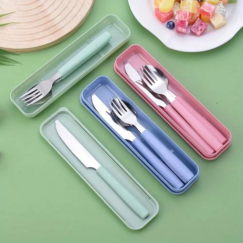 3pcs portable stainless steel travel cutlery set with knife great for picnics camping and outdoor activities more suitable for students and young with storage box