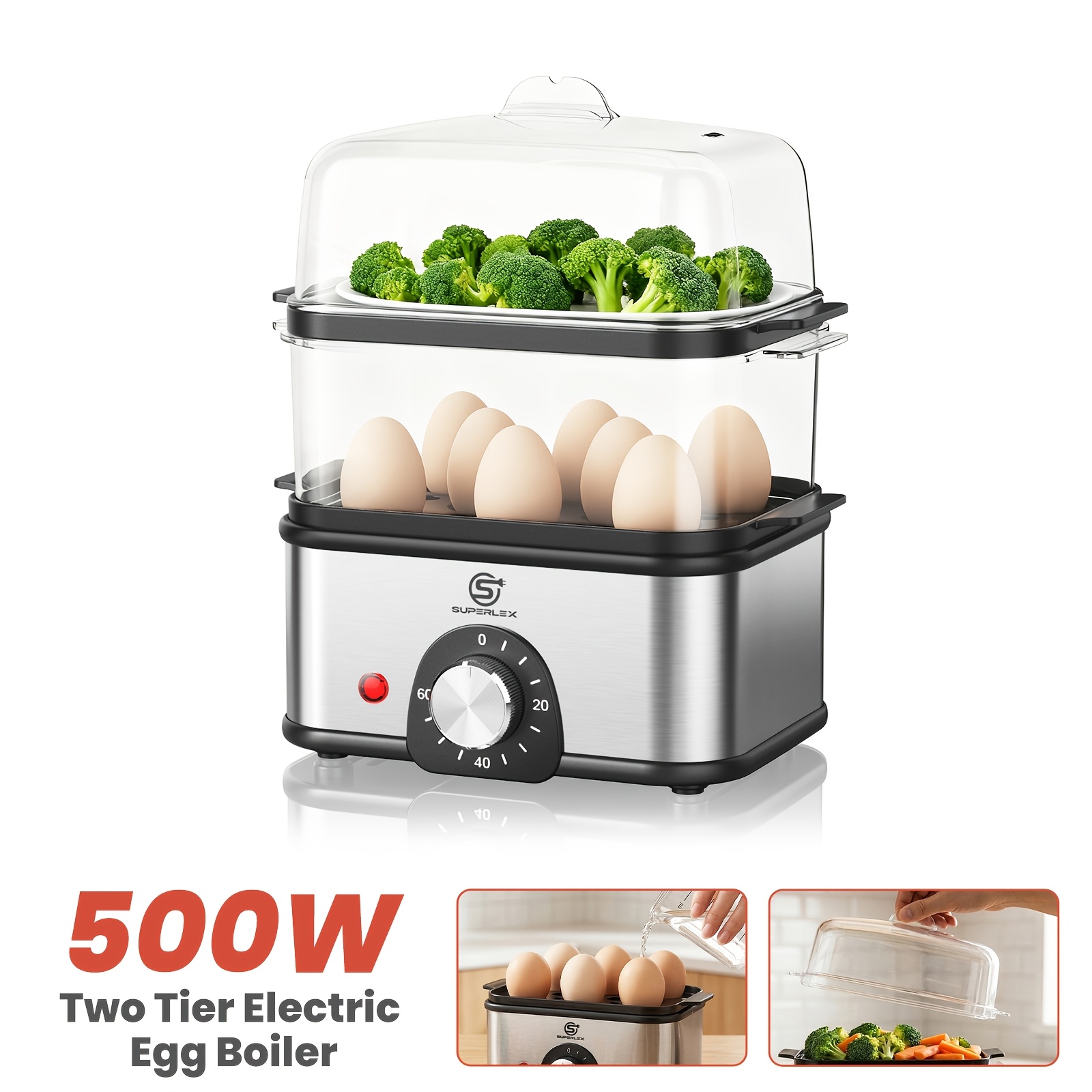 TEMU Superlex Two-tier Egg Boiler, 500w Stainless Steel Steamer With Transparent Lid Holds 16 Eggs, Adjustable Timer Electric Vegetable Steamer For