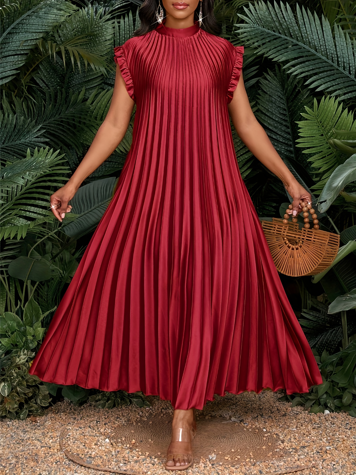 satin pleated flutter sleeve long womens dress bridesmaid - Temu Brazil