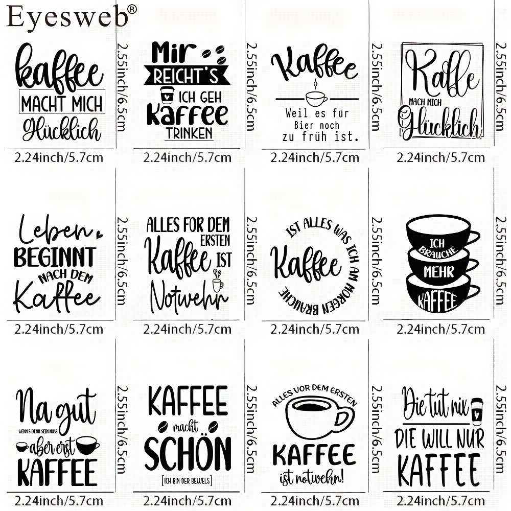 Image of 12pcs German Kaffee Quote Themed Uv Transfer Stickers - For Diy Crafts, Mugs, Laptops & Water Bottles, Self-adhesive Plastic Decals, Diy Mug Decoration