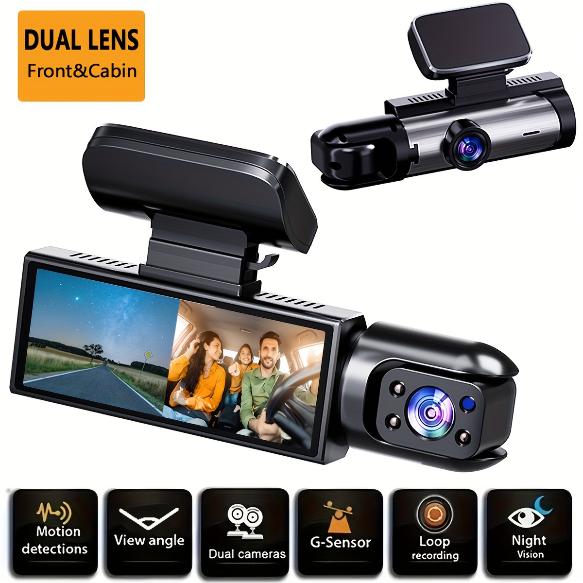 

Dash Cam For Cars Dual Camera Front 1080p And Inside 720p With Ir Night Vision, Loop Recording, And Lens - 3.16 Inch Ips Screen