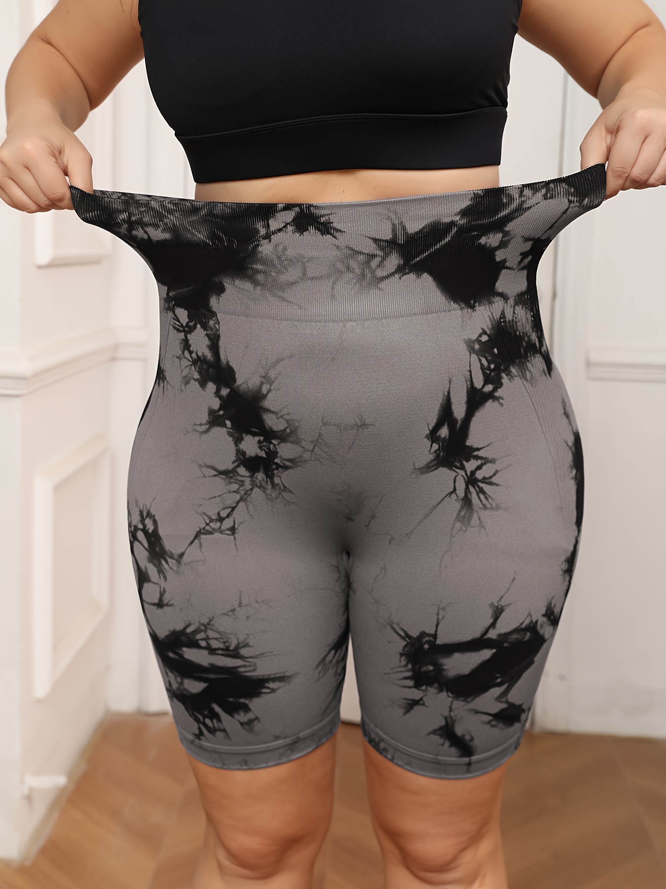 Plus Size Women's High-Waisted Tummy Control Yoga Shorts - Tie-Dye Design, Stretchy Machine-Washable Fabric for Summer Workouts & Casual Wear, Tummy Control Shorts, Stylish Workout Apparel, Highelastic Fabric