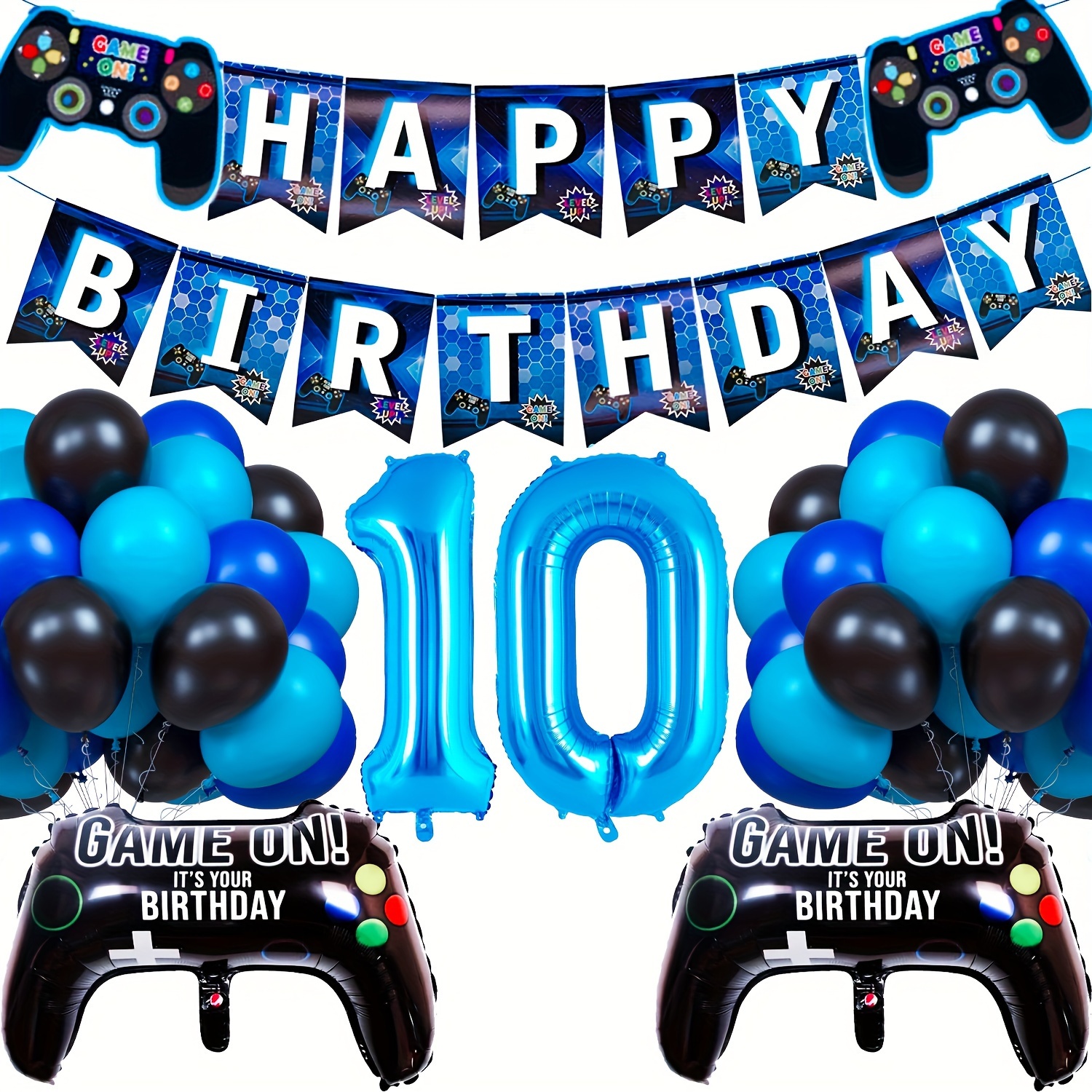 

Gamepad-themed Birthday Party Kit - Includes Happy Birthday Banner, Game Number Balloons & Level Up Pull Flag Set For Gamers - Blue & Black Gamer Decorations