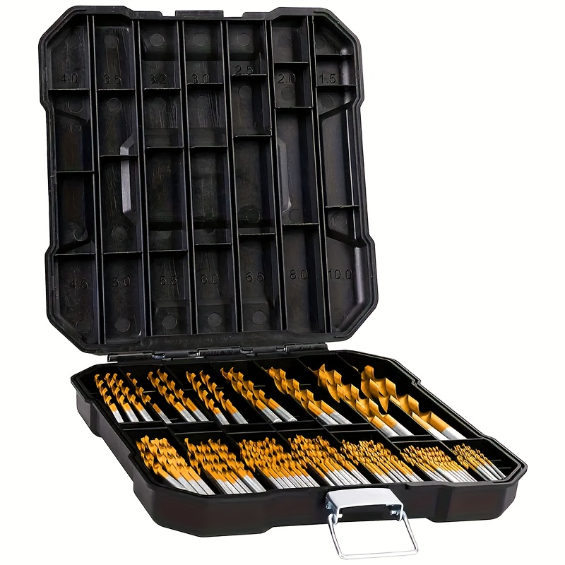 

50pcs/99pc/100pcs Titanium Twist Drill Bit Set, 135° Tip Steel Drill Bits Kit For Wood/ Cast Iron/ Aluminum Alloy/ Plastic/ Fiberglass, With Storage Case, Size From 1.0mm To 10.0mm