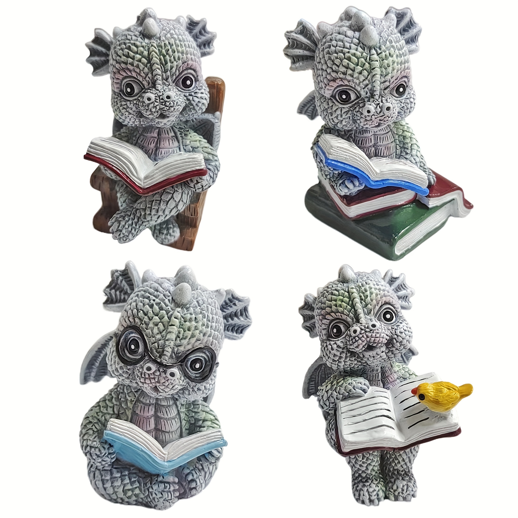 4pcs Set Cartoon Dragon Figurines Reading Books - Resin For Room, , Multi-room Display For Christmas,halloween Decorations,fall Home Decor Collectible Figurines
