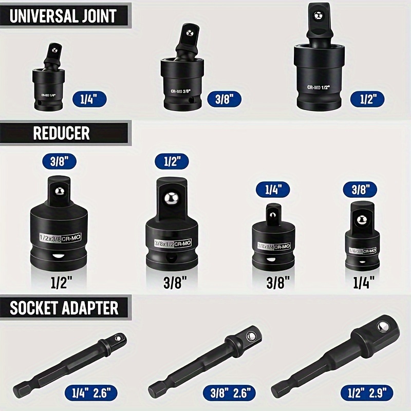 

1 Set Steel Joint Adapter Kit - 1/4", 3/8", 1/2" , , & , No Battery Required