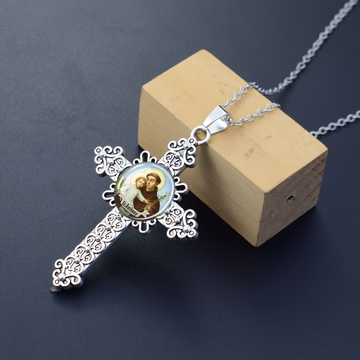 St. Anthony Protection Pattern Glass Cabochon Cross Pendant Necklace