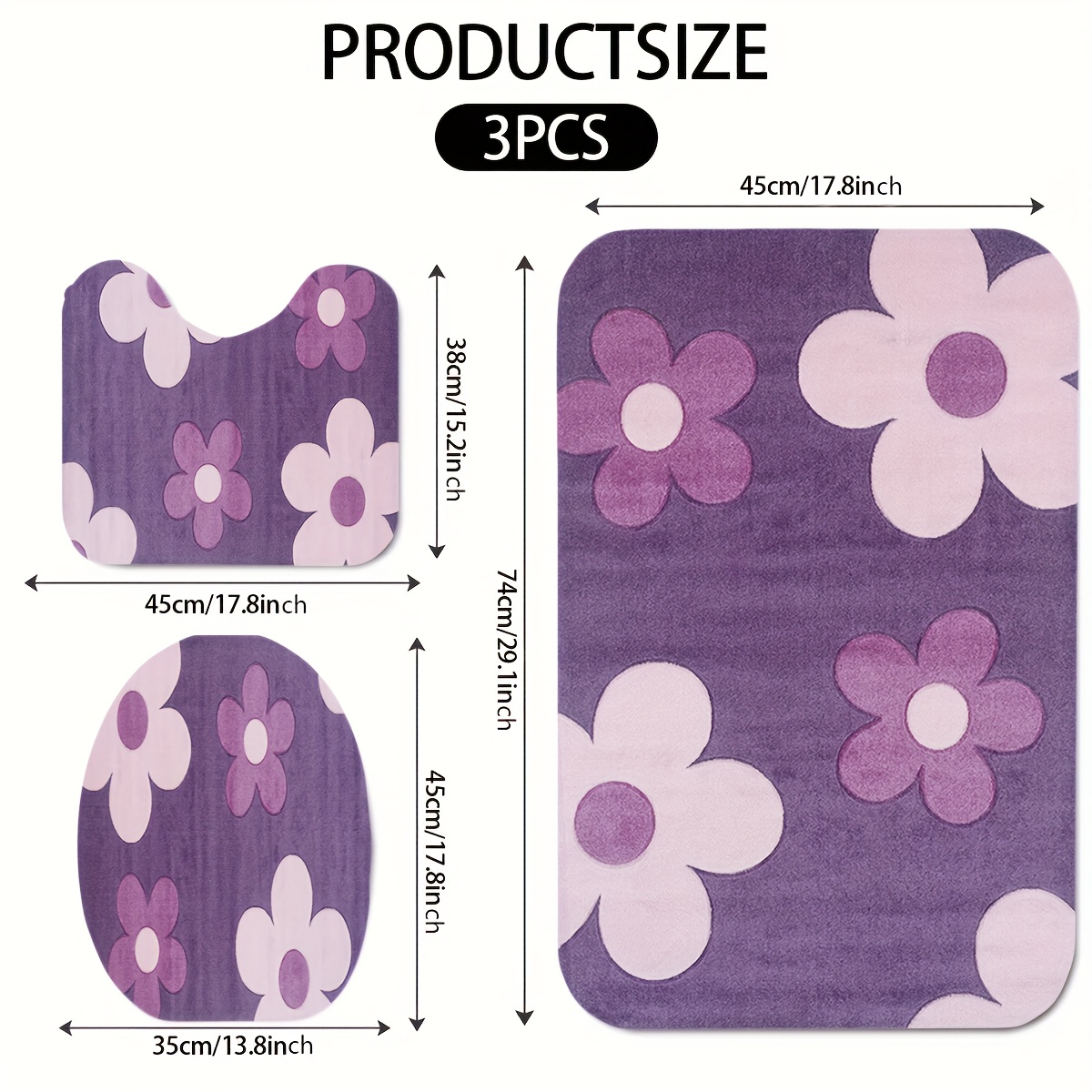 TEMU 3pcs Purple And White Floral Print Pattern Bathroom Rug Set, Toilet Seat Mat, U-shaped Mat, Flannel Material, Soft Surface, Bathroom Decorative