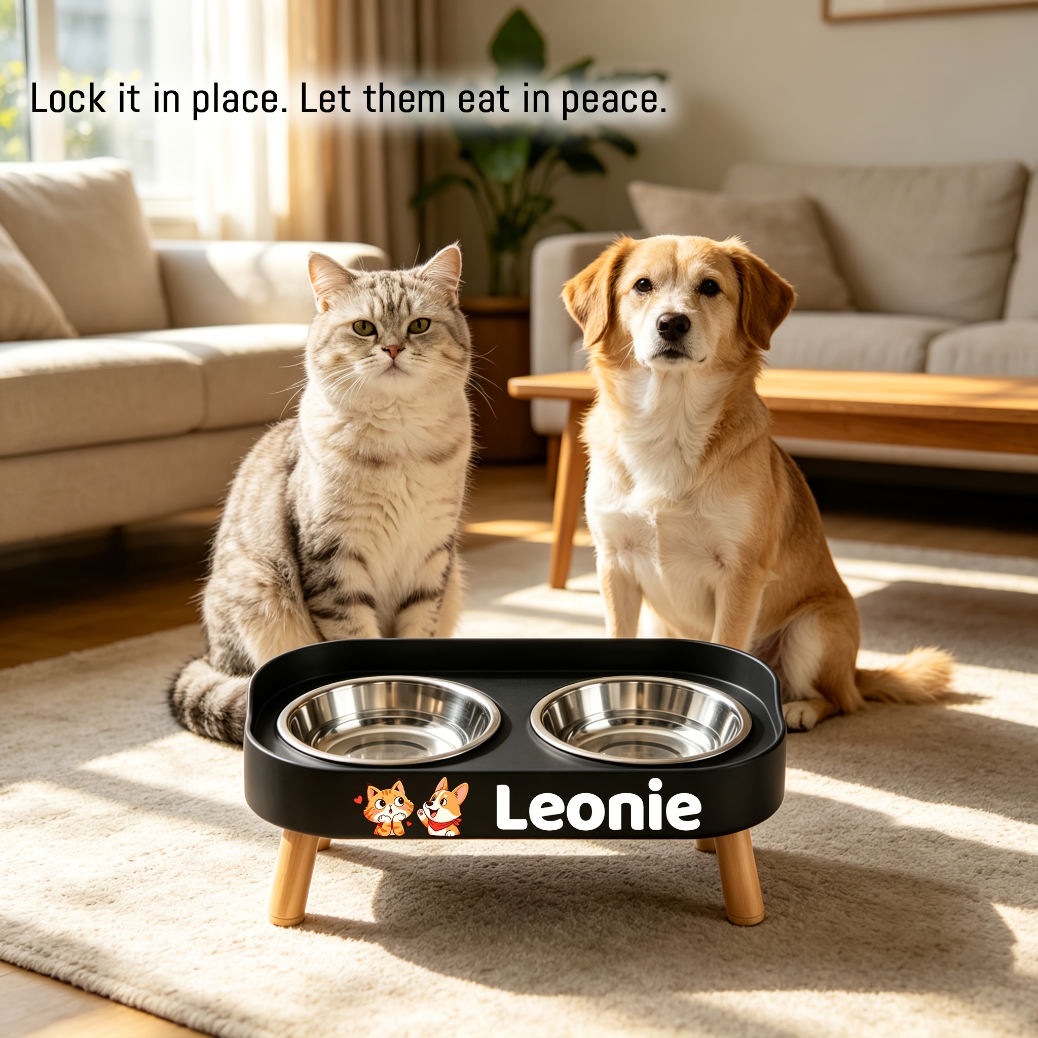 Raised Double Bowl Feeder with Custom Pet Name