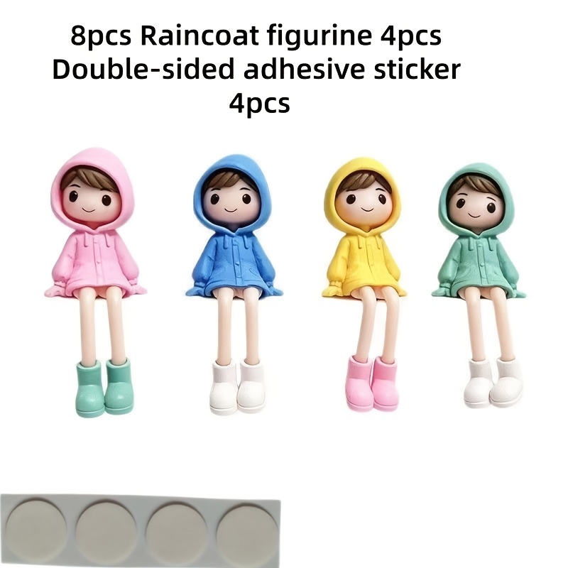 TEMU 8pcs Cozy Raincoat Little Statue Ornaments 4pcs And 4pcs Double-sided Tapes, Garden Micro-landscaping Decoration, Christmas Halloween