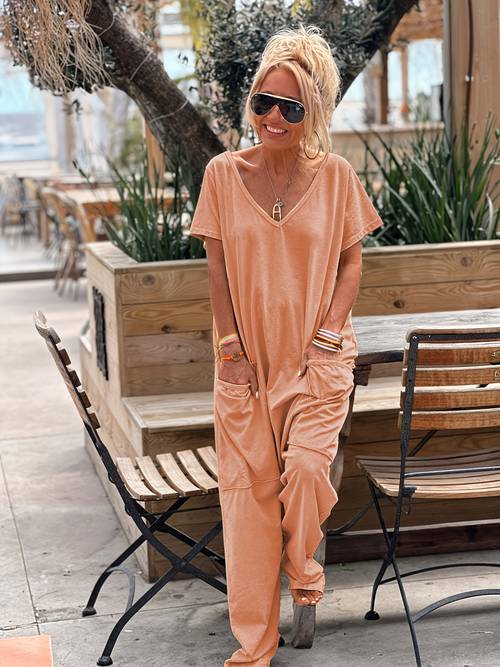 womens summer solid color v neck chic loose knit polyester baggy pocket romper for adult
