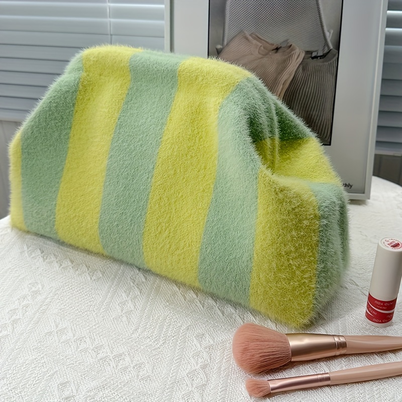 Image of [women's Handbag]stylish Short Plush Women's -matching Striped Makeup Bag Large Capacity Knitted Travel Toiletries Makeup Storage Bag, Women's Crochet Handbag For Use