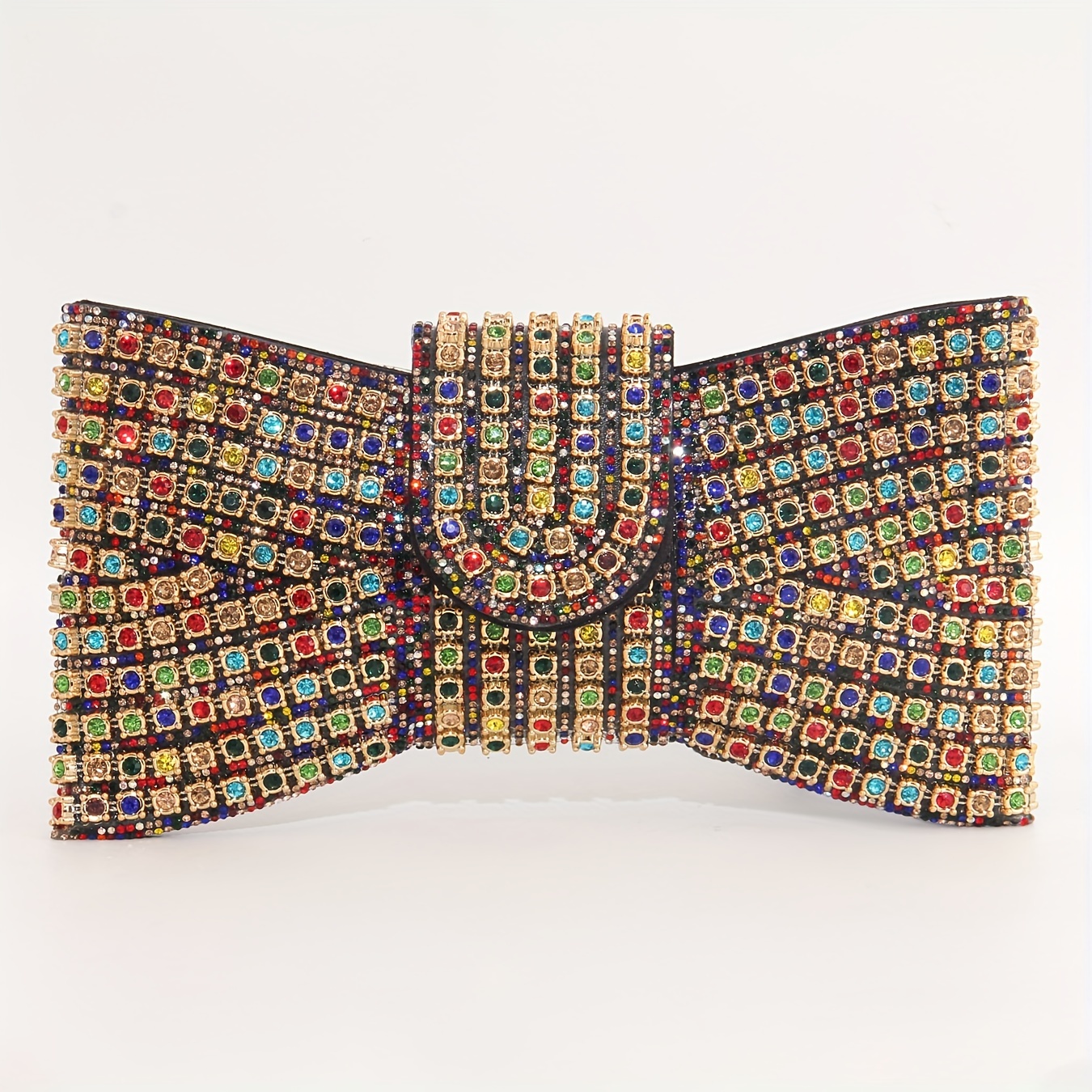 TEMU Elegant Women's Bow Clutch Bag - Mixed Color Gemstone Design, Detachable Chain Strap, Perfect For Weddings And Formal Events, Formal Attire