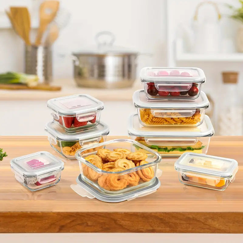 16 pack glass food storage and storage sets 8 jars and 8 lids food storage containers airtight bento boxes with leak proof locking lids for microwave oven freezer and dishwasher bpa free Product details 1