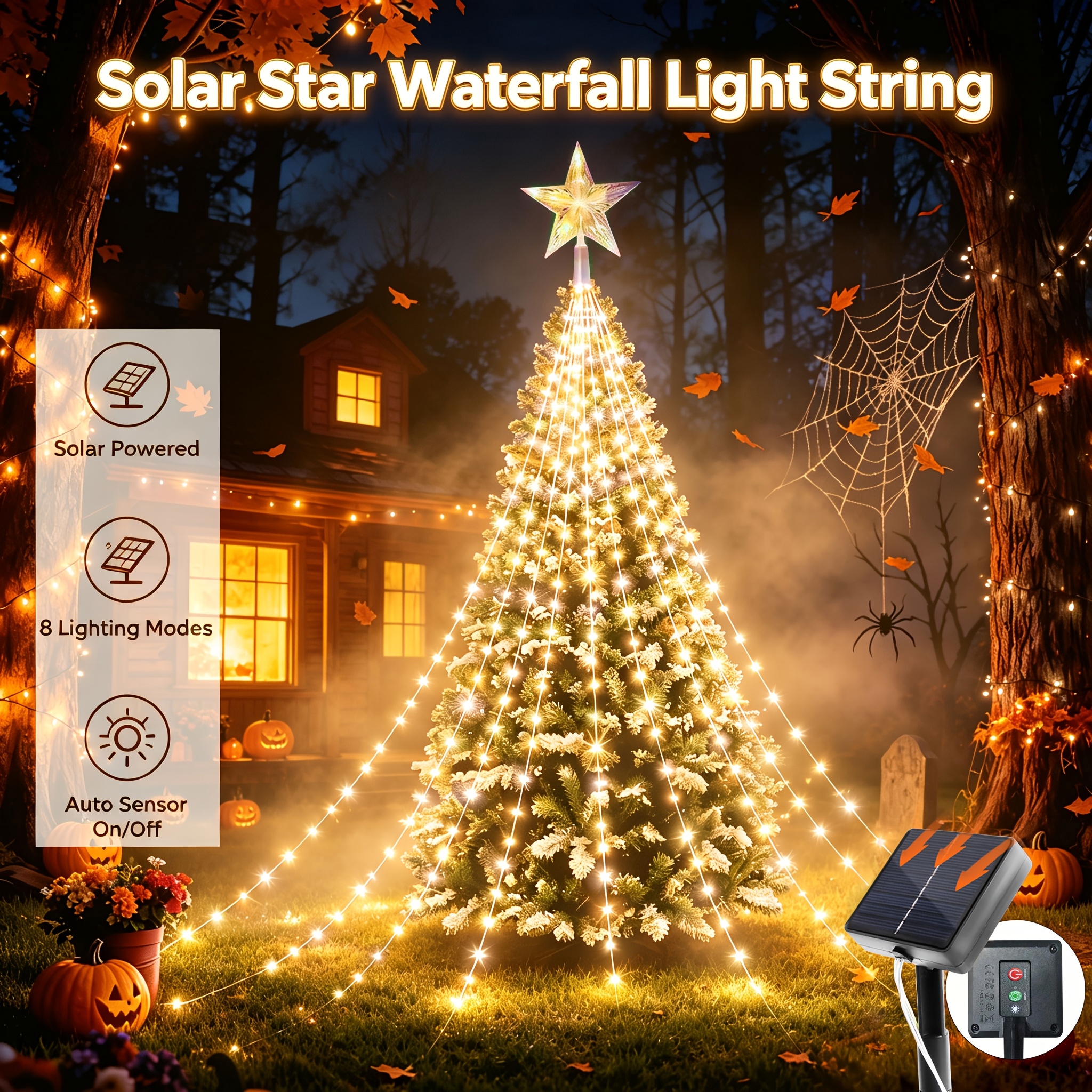 TEMU 1 pièce Guirlande Lumineuse Solaire Extérieure de , Décoration de Cour d'Halloween, d'Arrière-plan Étoiles Solaires. Alimentation Solaire avec