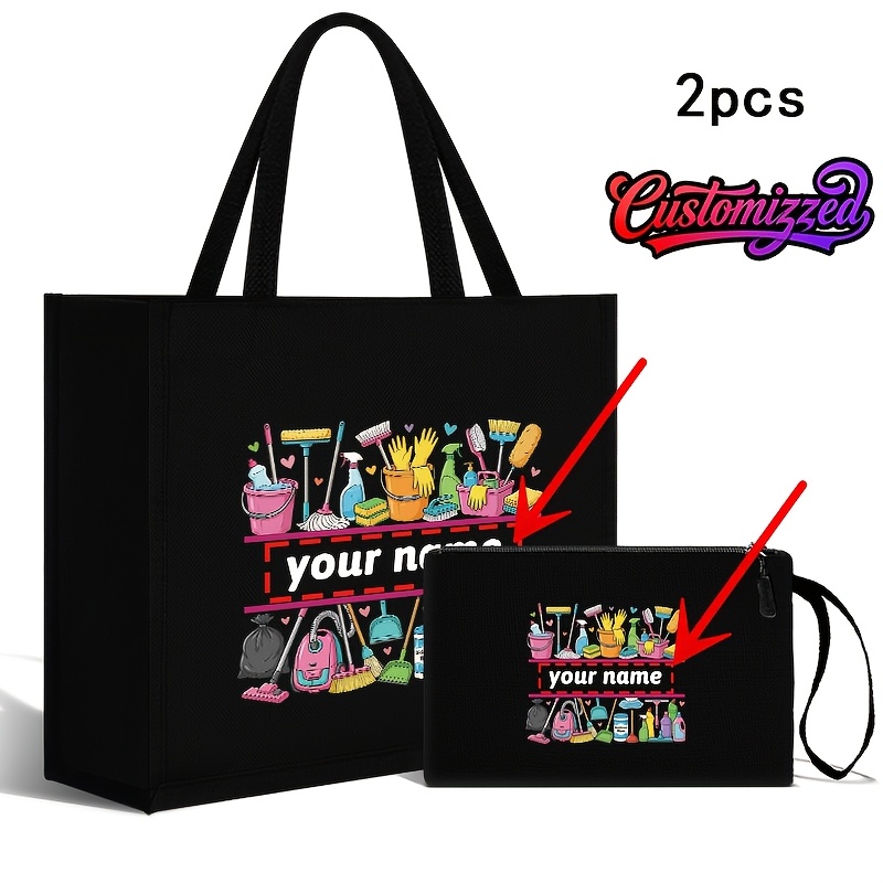 TEMU Juego de 2 piezas para e hija con temática de herramientas de limpieza, bolsa tote negra con impresión de , bolsa de almacenamiento, un regalo