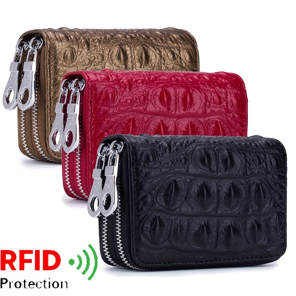 

Crocodile Leather Rfid Blocking Credit Card Holder Double Zipper Around Card Case Card Organizer For Women Daily Use