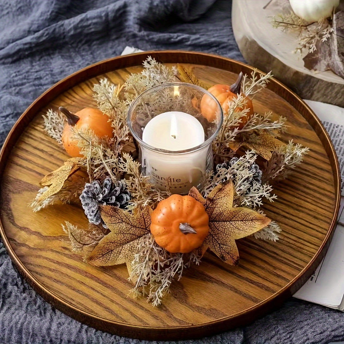 

Festive Seasonal Candle Centerpiece: Handcrafted Pumpkin And Leaf Wreath, Suitable For Wedding, Thanksgiving, , And Christmas Decorations