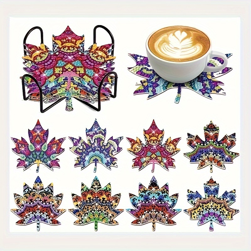 

8-piece Diamond Painting Coaster Set With Stand, Diy Maple Leaf Design, Full Drill Round Gem Art Kit For Adults And Beginners - Craft Gift