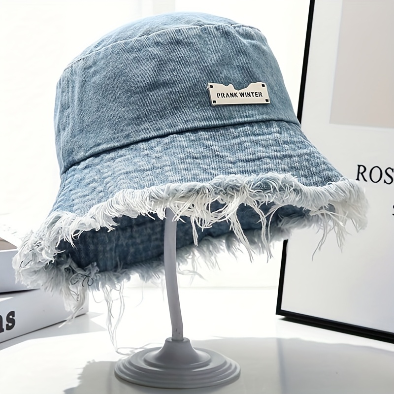 Men's & Women's Vintage Blue Denim Bucket Hat - Wide Brim With Frayed & Leaf Collar, Lightweight Washed Jeans For Beach, Casual, Western Style (unisex Fit, Hand Wash/) - Hat For
