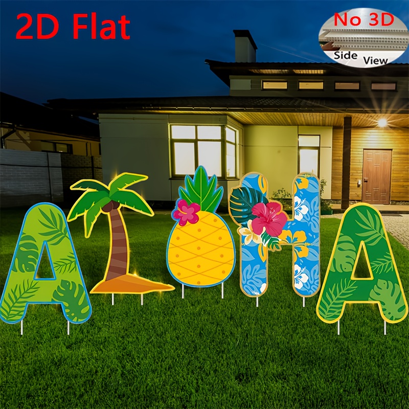 2d Flat, 2d Flat 5pcs Aloha Yard Sign Aloha Lawn Sign Hawaiian Outdoor Decor Plastic Sign With Stakes For Summer Beach Garden Party Decor, 2d Flat
