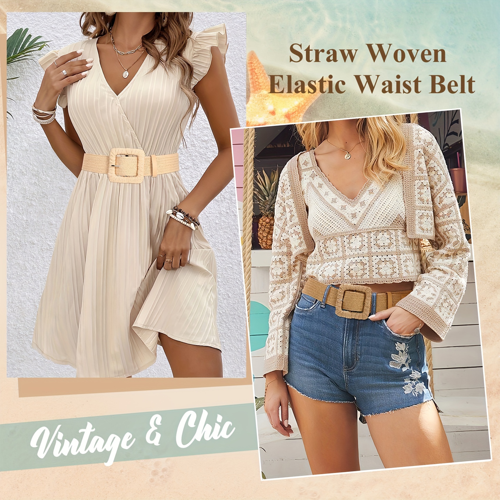 3pc women straw woven elastic stretch waist belts fashion - Temu display picture 1