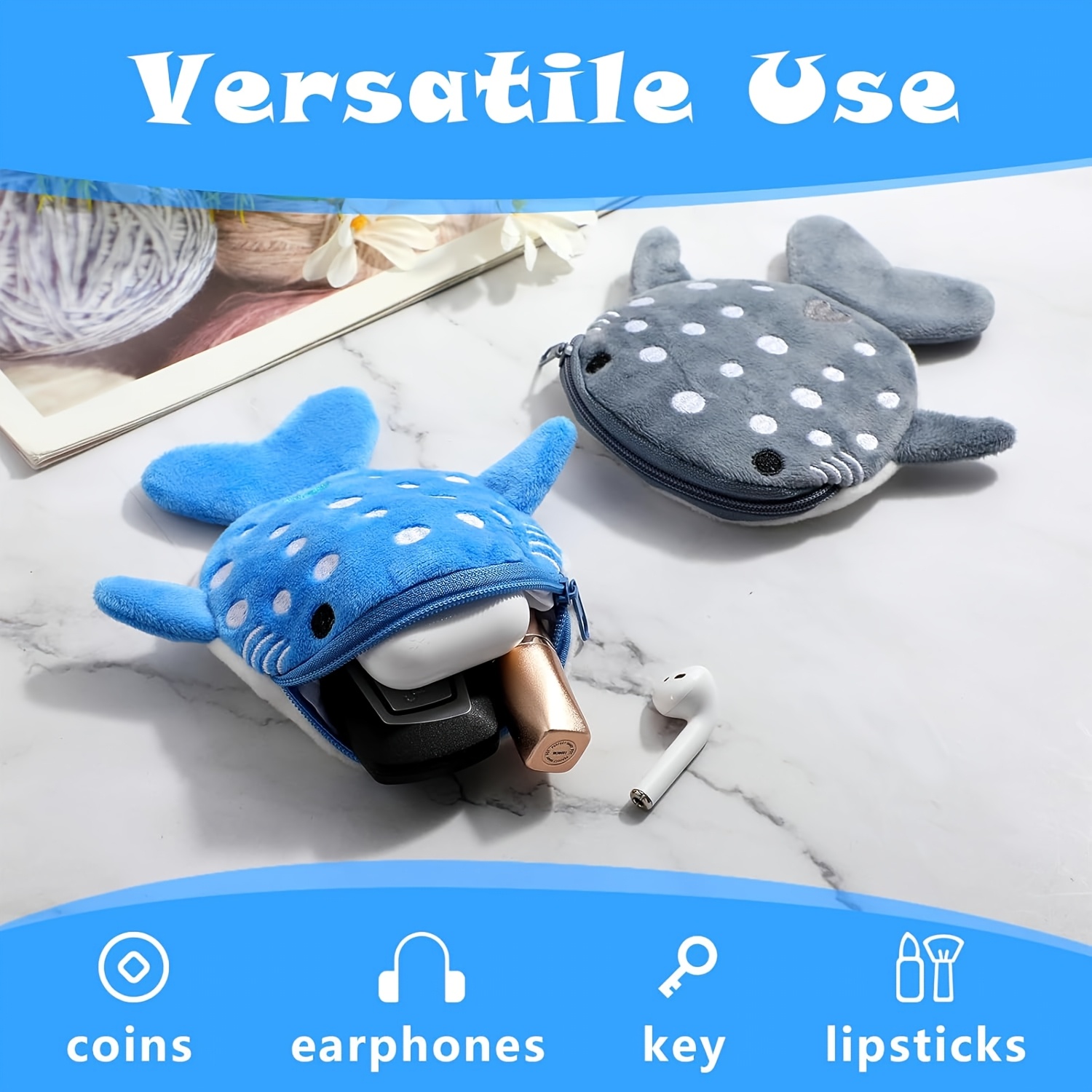 TEMU 2pcs Whale Shark Styling Coin Purses, Cute Wallets, Whale Shark Styling Dolphin <placeholder> Coin Bags, Zippered Mini Pouches, Portable Ocean