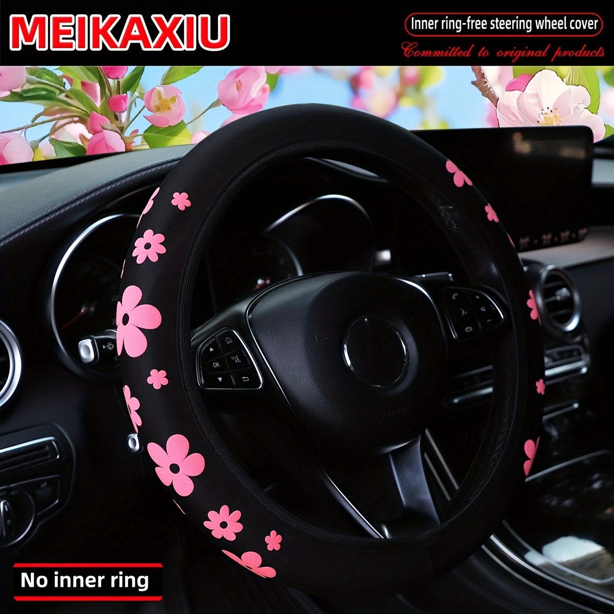 Image of A Comfortable And Stretchy Steering Wheel Cover For Women, From Neoprene And Featuring A 3d Foam Floral Pattern. It And Fits On Steering Wheels Measuring To 15 Inches